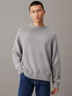 Miesten Neulepusero, COTTON WOOL CREW NECK SWEATER Vaaleanharmaa>Calvin Klein Jeans Clearance