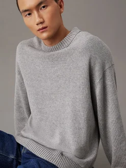 Miesten Neulepusero, COTTON WOOL CREW NECK SWEATER Vaaleanharmaa><noscript><img width=