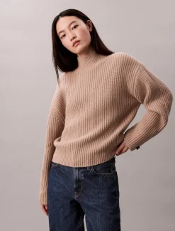 naisten neulepusero, CHUNKY WOOL BLEND T NECK SWEATER>Calvin Klein Jeans Best