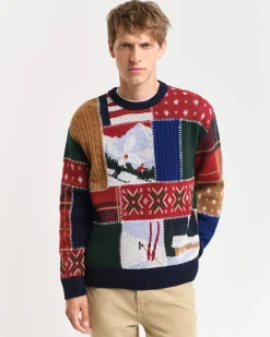 miesten neule, PATCHWORK C-NECK Punainen Kuosi>Gant New