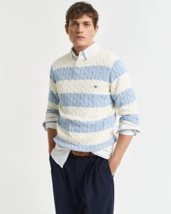miesten neule, STRIPED COTTON CABLE C-NECK>Gant Clearance