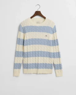 miesten neule, STRIPED COTTON CABLE C-NECK><noscript><img width=