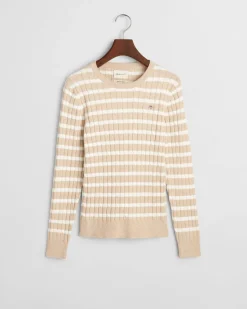 naisten neulepusero, STRETCH COTTON CABLE STRIPE C-NECK Beige Kuosi>Gant