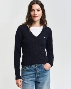 neule, STRETCH COTTON CABLE V-NECK>Gant Best