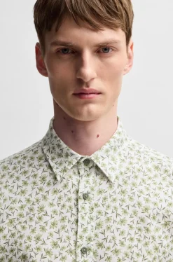 miesten lyhythihainen kauluspaita,ROAN STRECH COTTON LINEN Vihreä Kuosi>Hugo Boss Clearance