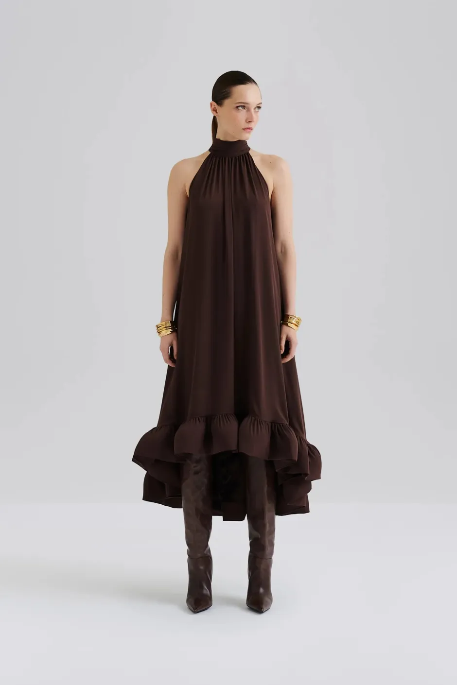naisten mekko, SABRINA HALTERNECK RUFFLED MAXI DRESS>Malina New