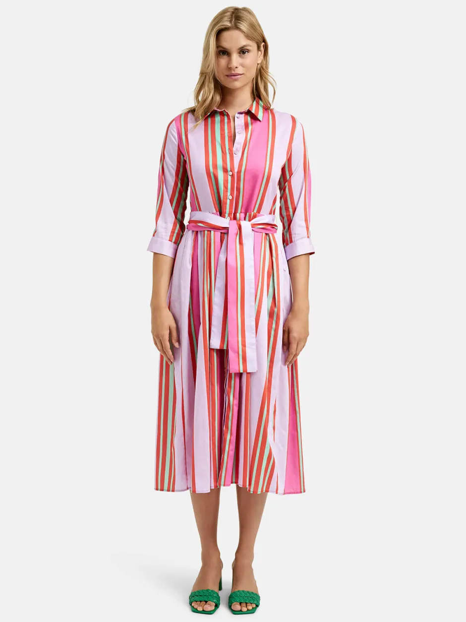 naisten mekko, DRESS 3/4 W BELT Moniväriraita>Milano Italy Clearance