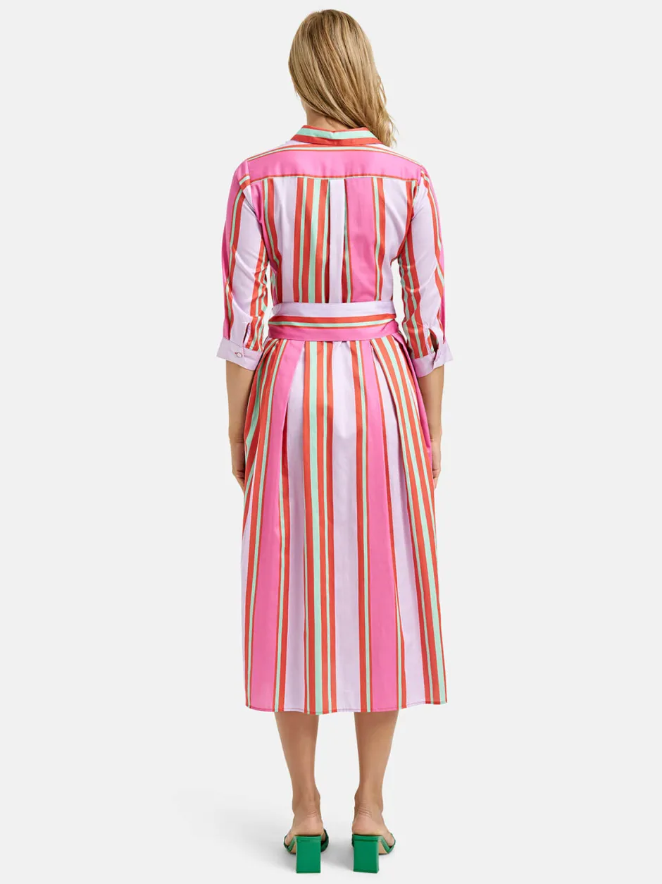 naisten mekko, DRESS 3/4 W BELT Moniväriraita>Milano Italy Clearance