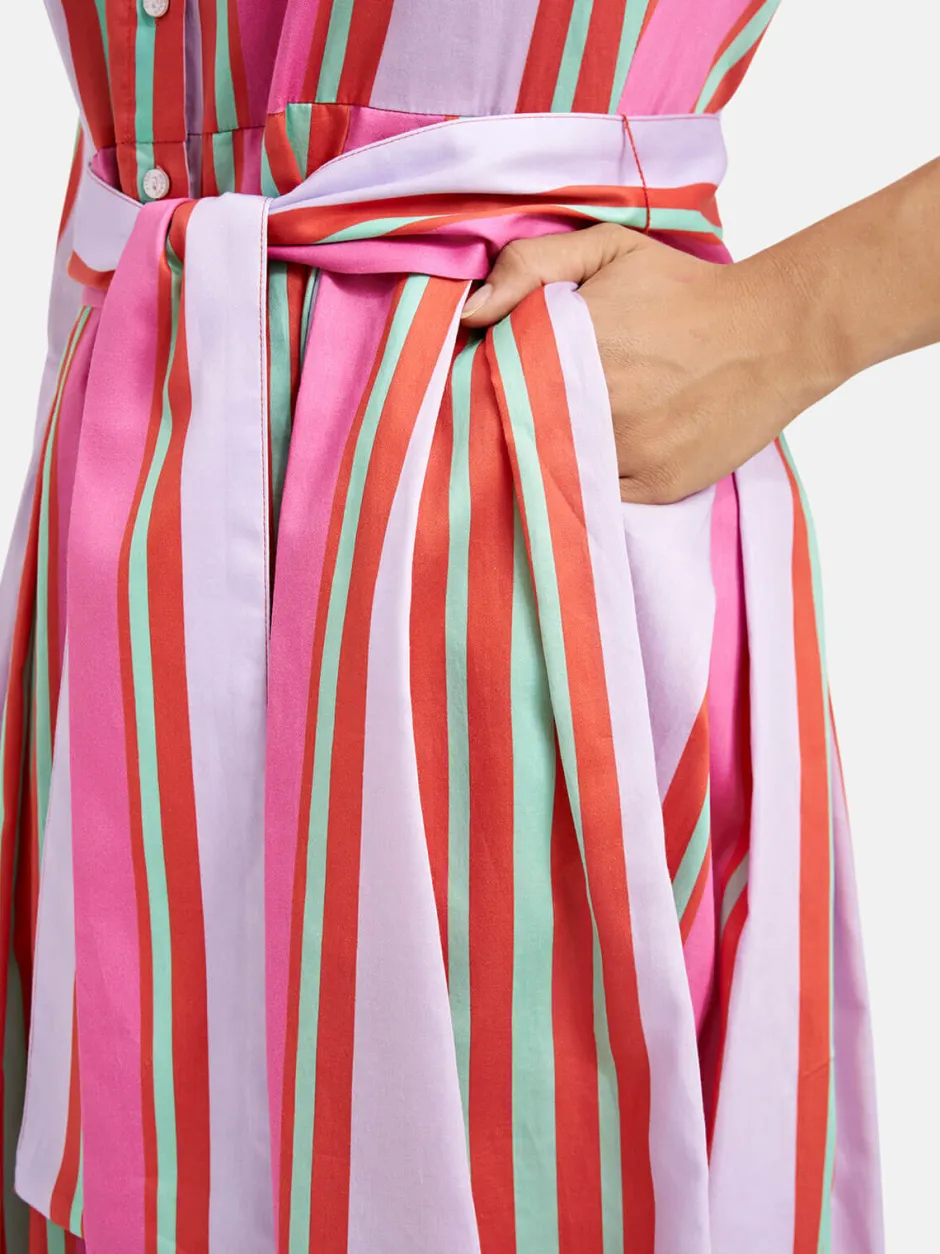 naisten mekko, DRESS 3/4 W BELT Moniväriraita>Milano Italy Clearance