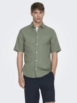 Miesten Kauluspaita ONSCAIDEN SS SOLID LINEN Armeijanvihreä>Only and Sons