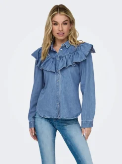 Naisten Farkkupaita, ONLINDIGO LS FRILL DNM SHIRT QYT NOOS Indigo>Only