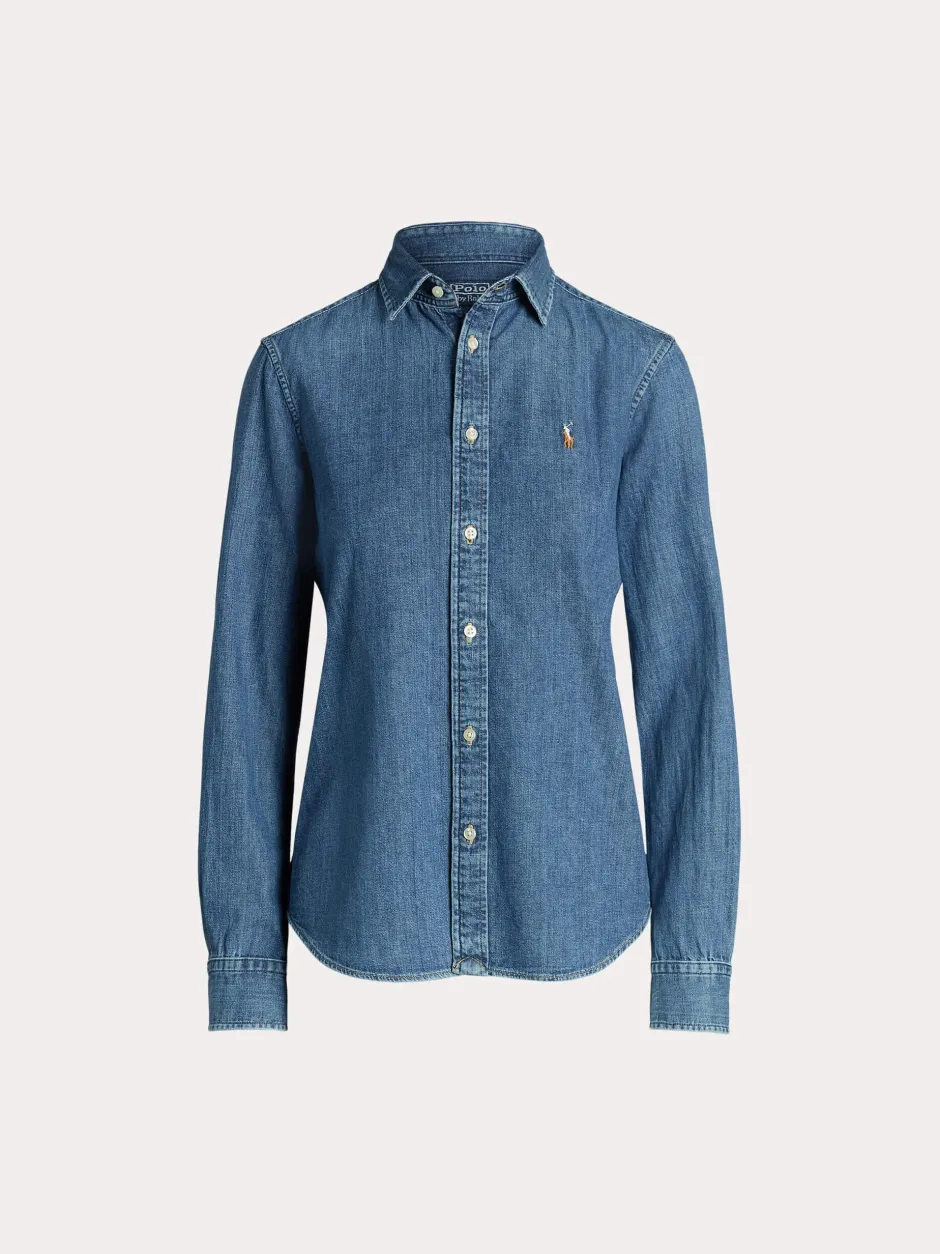 farkkupaita, LS CRLTE ST-LONG SLEEVE-BUTTON FRONT SHI Indigo>Polo Ralph Lauren