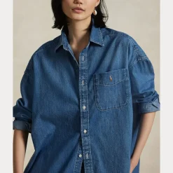 naisten farkkupaita, SMCK ST-LONG SLEEVE-BUTTON FRONT SHIRT Indigo><noscript><img width=
