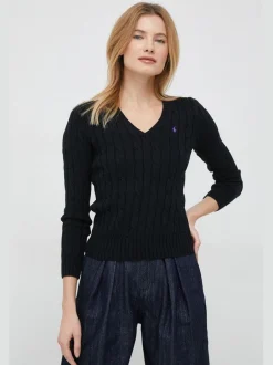 naisten neule, CABLE KNIT COTTON V-NECK SWEATER>Polo Ralph Lauren