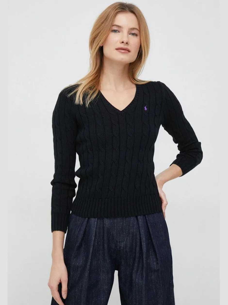 naisten neule, CABLE KNIT COTTON V-NECK SWEATER>Polo Ralph Lauren