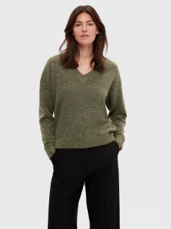 neule, SLFMALINE LS KNIT V-NECK Armeijanvihreä>Selected Femme Best