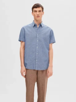 Miesten Kauluspaita, NEW LINEN SHIRT SS NOS>Selected Best