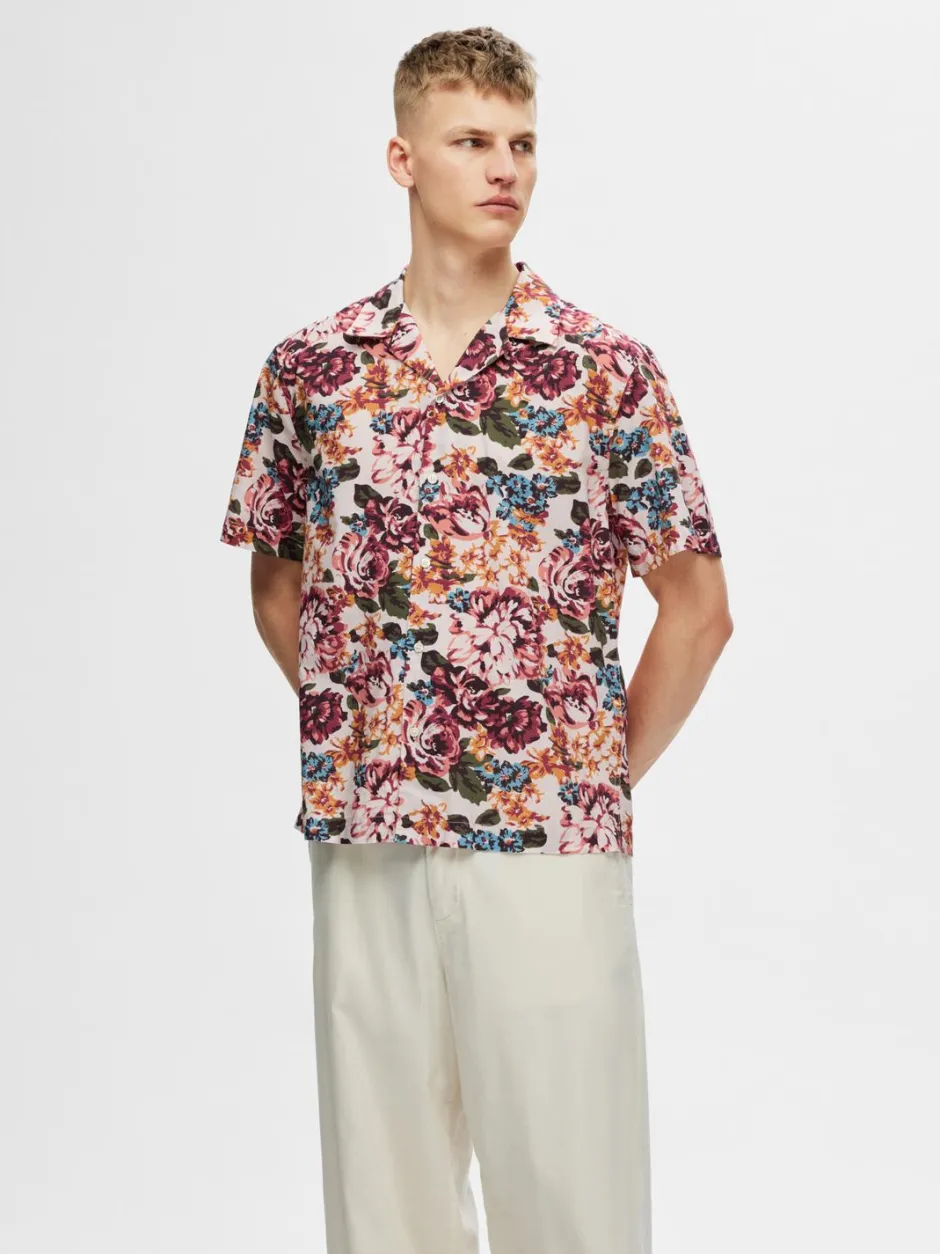 , Miesten Kauluspaita, Relax Floral Shirt Ss Aop Punainen Kuosi>Selected Clearance