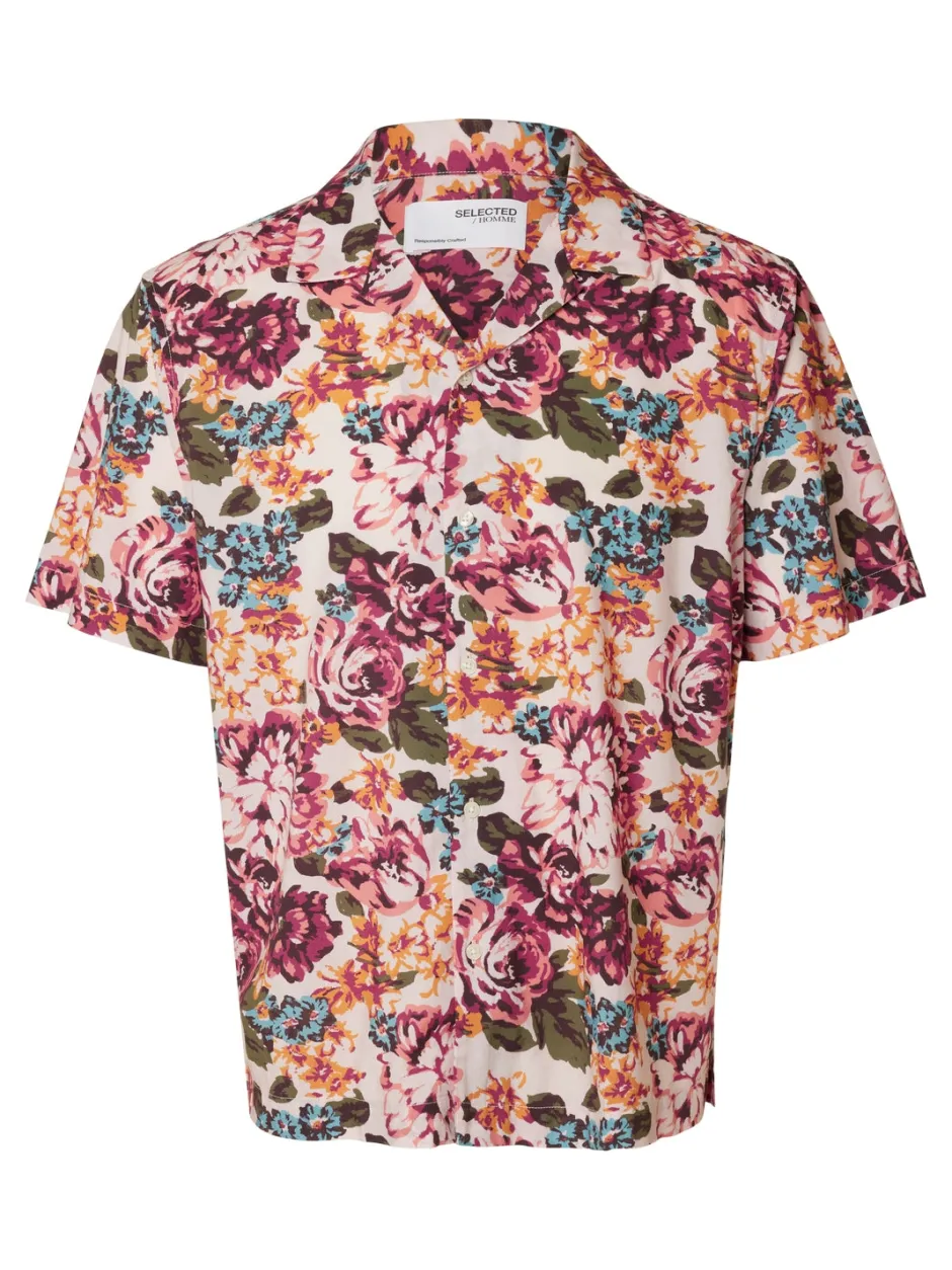 , Miesten Kauluspaita, Relax Floral Shirt Ss Aop Punainen Kuosi>Selected Clearance