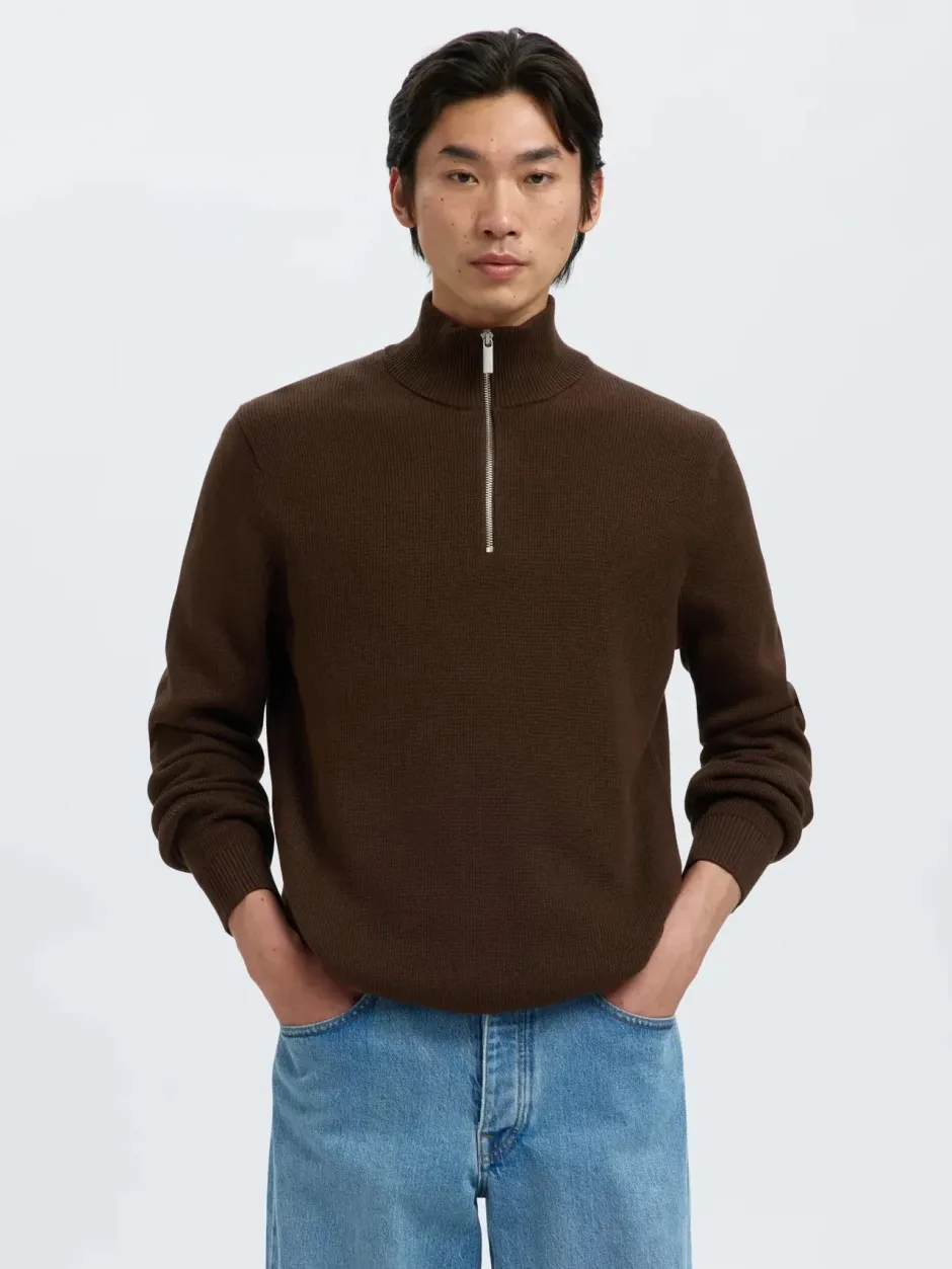 miesten neulepusero SLHDANE LS KNIT STRUCTURE HALF ZIP NOOS, Demitasse>Selected Online