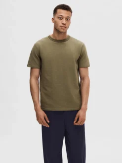 miesten t-paita, SANDER SEERSUCKER SS O-NECK Armeijanvihreä>Selected Outlet