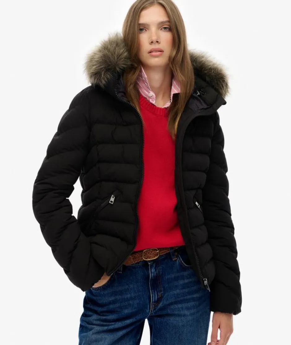 naisten takki Fuji Faux Fur Hood Padded Jkt,>Superdry