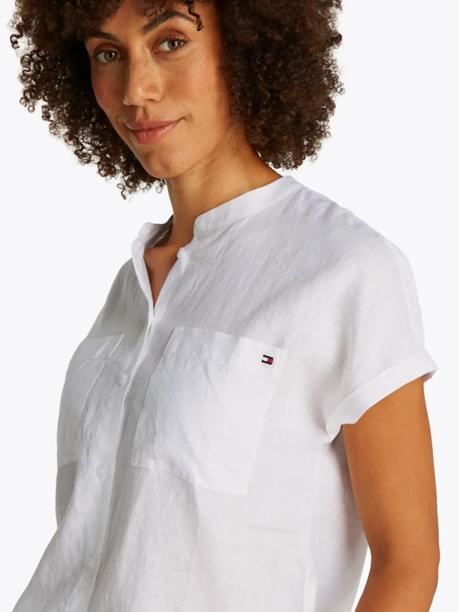 naisten lyhythihainen pellavapusero, ESS LINEN COLLARLESS SS BLOUSE>Tommy Hilfiger Hot