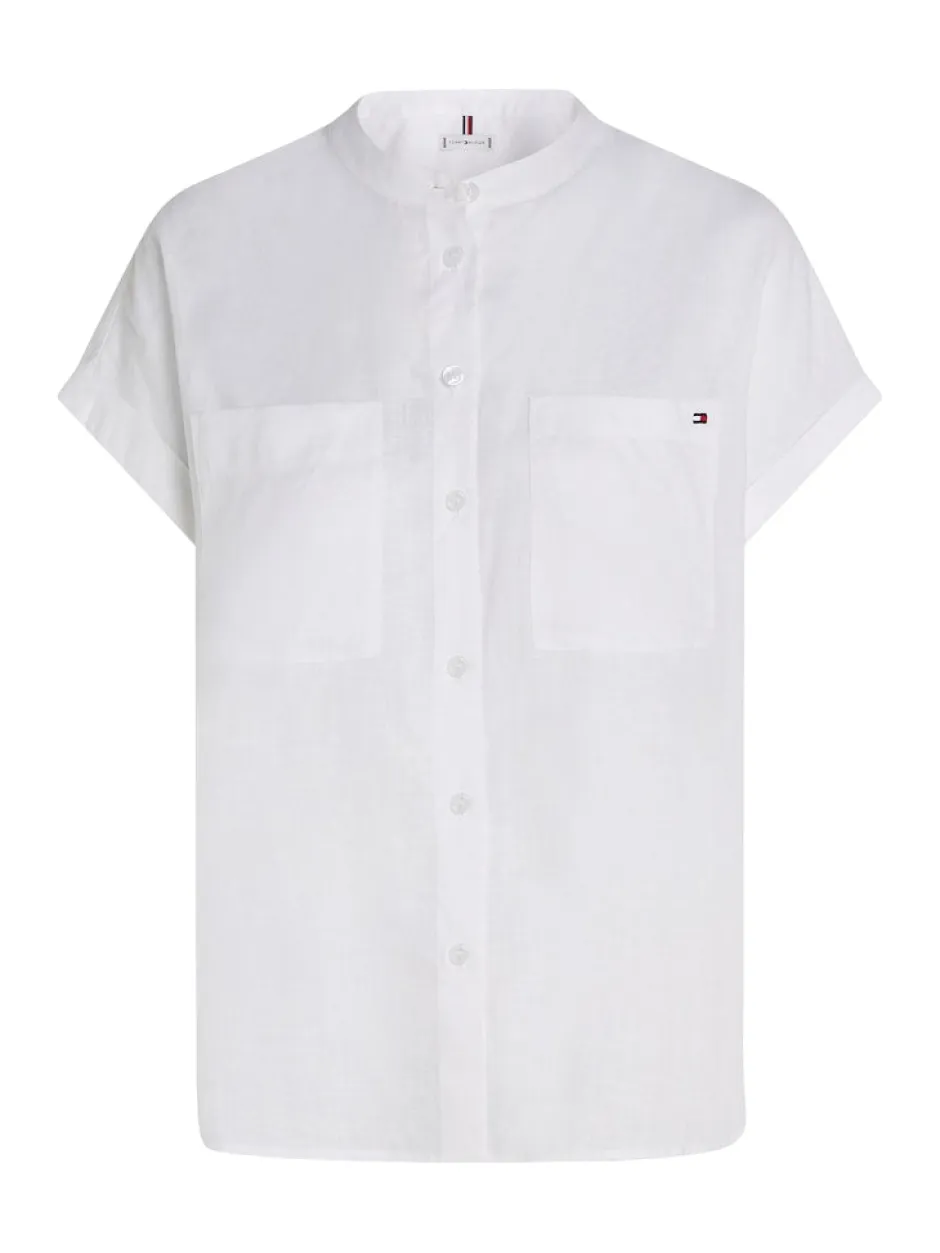 naisten lyhythihainen pellavapusero, ESS LINEN COLLARLESS SS BLOUSE>Tommy Hilfiger Hot