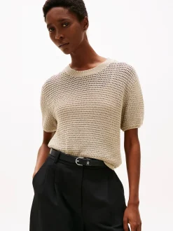 naisten lyhythihainen neulepusero, POINTELLE CROCHET SS C NECK SWEAT>Tommy Hilfiger New