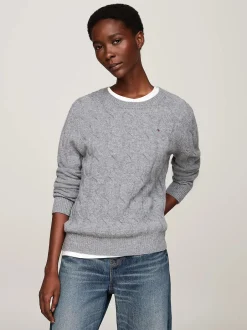 Naisten Neule, K-SOFT WOOL CABLE C-NK Vaaleanharmaa>Tommy Hilfiger Hot