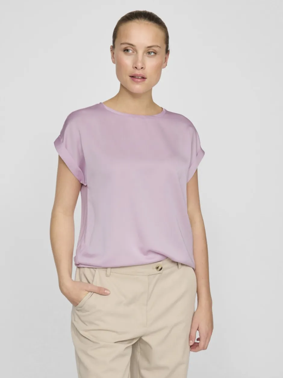 lyhythihainen toppi, VIELLETTE S/S SATIN TOP>Vila Sale
