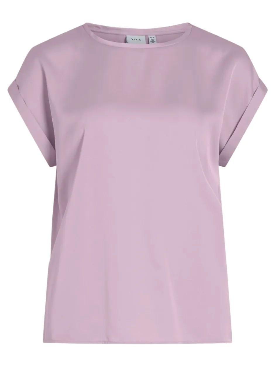 lyhythihainen toppi, VIELLETTE S/S SATIN TOP>Vila Sale