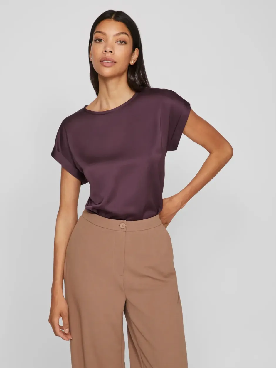 lyhythihainen toppi, VIELLETTE S/S SATIN TOP>Vila Best