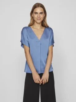 naisten satiinitoppi, VIELLETTE V-NECK S/S SATIN TOP>Vila Outlet